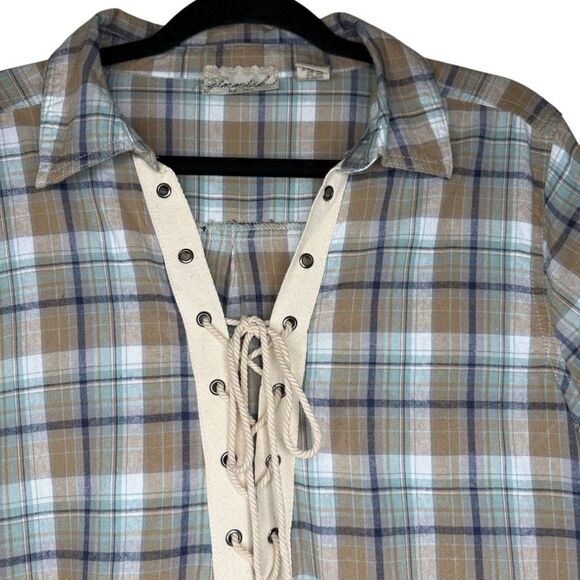 Gimmicks by BKE Blue and Tan Plaid Flannel Lace Up Long Sleeve Shirt Size L - Picture 3 of 14